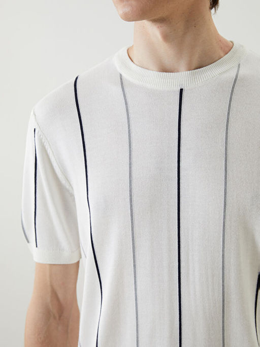 Bisiklet Yaka K?sa Kollu ?izgili Erkek Triko Kazak