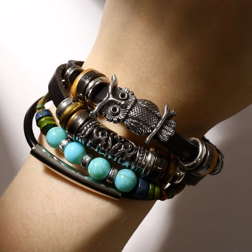 Браслет кожаный «Сова и ряд бусин», d=9 см, чёрный