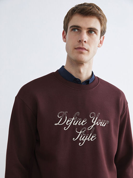 Bisiklet Yaka Bask?l? Erkek Kal?n Sweatshirt