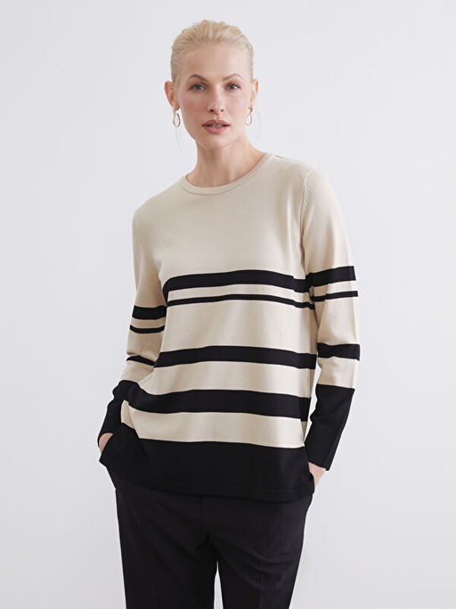 Bisiklet Yaka ?izgili Kad?n Triko Kazak