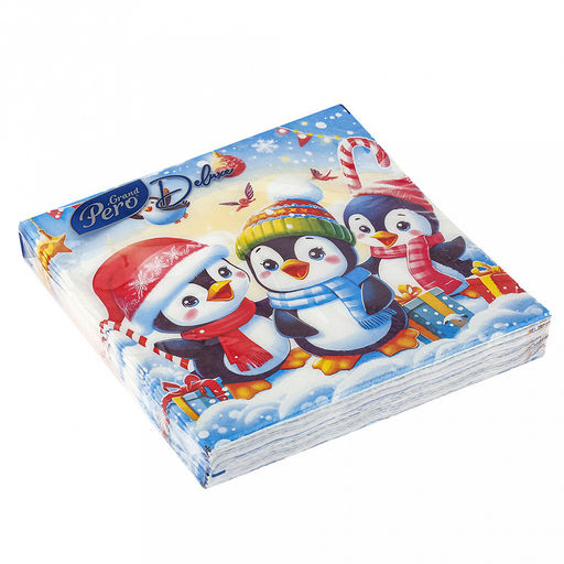 Салфетки бумажные 33х33см "GrandPero Deluxe", 3-х слойные, 20 штук в упаковке, "Пингвины" (Россия)