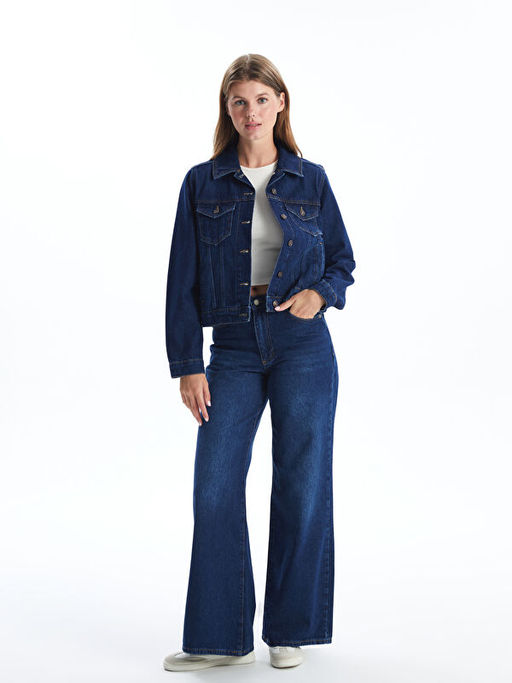 G?mlek Yaka D?z Uzun Kolu Kad?n Jean Ceket