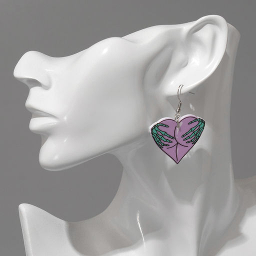 Цена за 5 шт. Серьги акриловые «Сердце» руки скелета, цвет зелёно-сиреневый