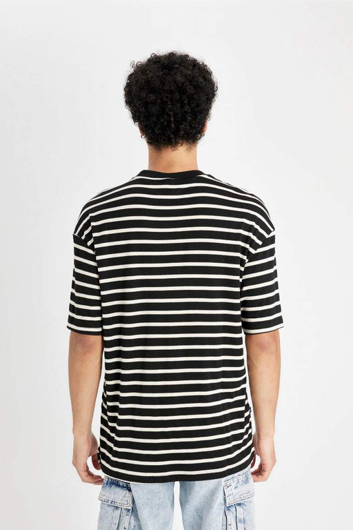 Полосатая футболка из плотной ткани с короткими рукавами и круглым вырезом Comfort Fit - Defacto фото 6