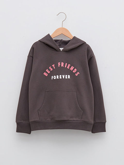 Kap??onlu Bask?l? Uzun Kollu K?z ?ocuk Sweatshirt