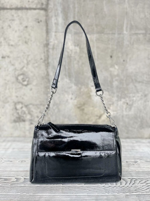 Женская лаковая сумка через плечо с тремя отделениями 8721-3 Блек