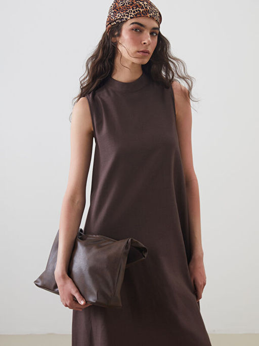 Dik Yaka A Kesim Keten Kar???ml? Elbise