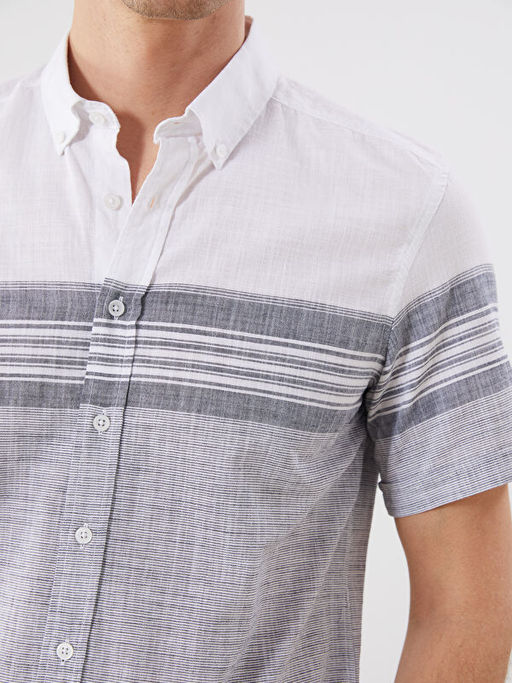 Regular Fit K?sa Kollu ?izgili Poplin Erkek G?mlek