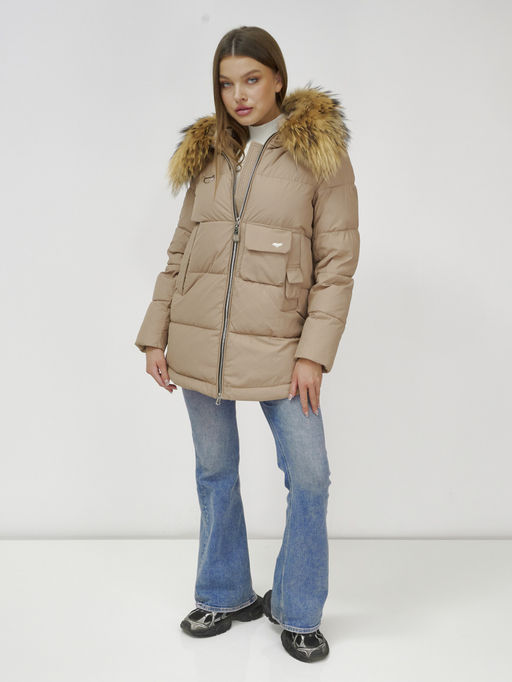 Куртка Бренд Visdeer ПРЕМИУМ КЛАССА зимняя с мехом ЕНОТА, бежевого цвета  фото 14