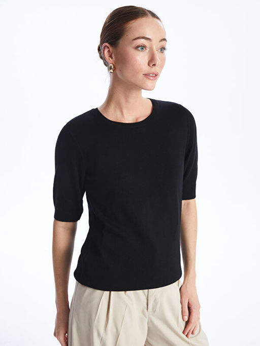 Bisiklet Yaka D?z K?sa Kollu Kad?n Triko Kazak