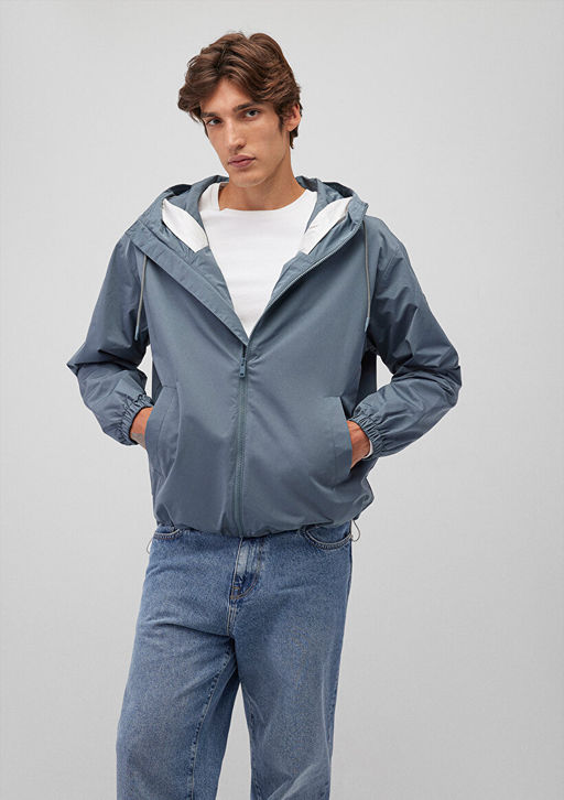 Kapusonlu Gri Ince Ceket - Mavi фото 2