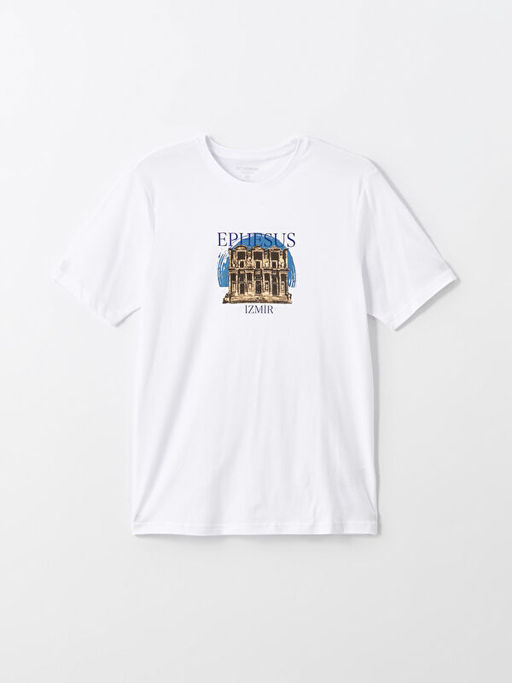 Bisiklet Yaka K?sa Kollu Bask?l? Penye Erkek Ti??rt