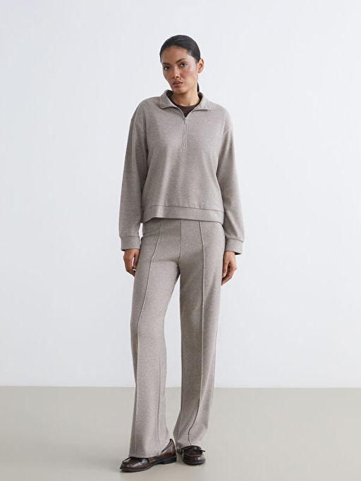 Dik Yaka Desenli Soft Touch Kad?n Sweatshirt