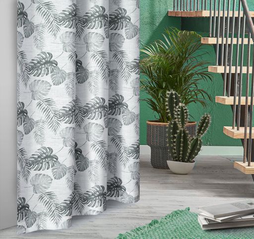 Арт. 9914/150, ГАВАЙИ, белый фон/серые листья, ГОТОВЫЕ ШТОРЫ, ширина от 150 см x высота 270 см (на шторной ленте)