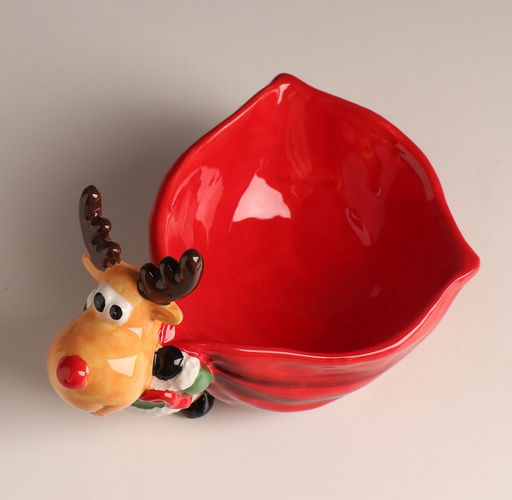 Фигурка-подставка для мелочей керамика Лось в зелёной шубе с большим красным мешком, 12.5?19.1?13.1 см