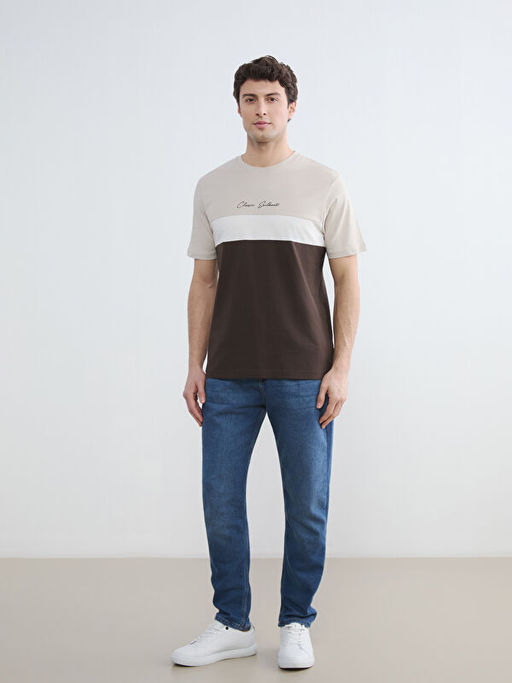 Bisiklet Yaka Renk Bloklu Penye Erkek Ti??rt