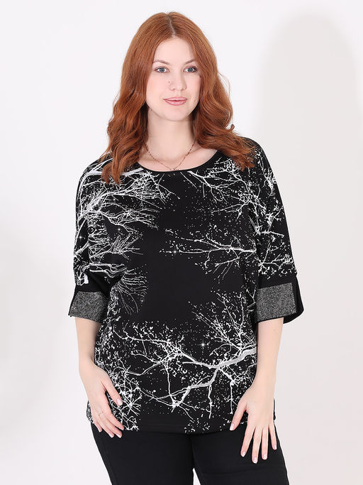 Блузка нарядная со стразами черная с принтом - Almond фото 2