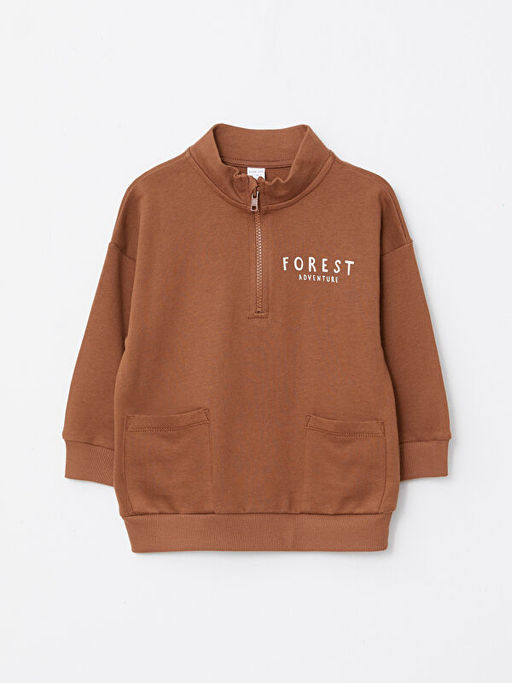 Dik Yaka Uzun Kollu Bask?l? Erkek Bebek Sweatshirt