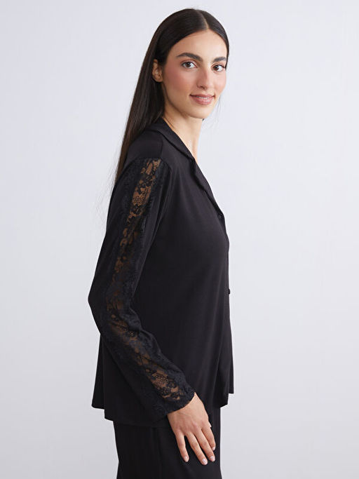 G?mlek Yaka Dantel Detayl? Kad?n Pijama Tak?m?