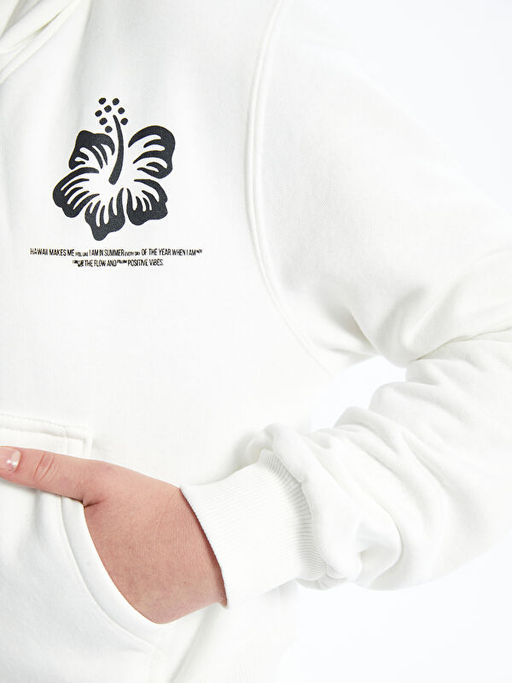 Kap??onlu Bask?l? Uzun Kollu Kad?n Fermuarl? Sweatshirt