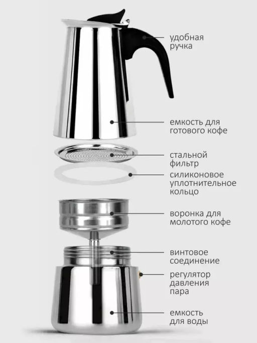 Гейзерная кофеварка 600 мл нержавеющая сталь /Mallony/