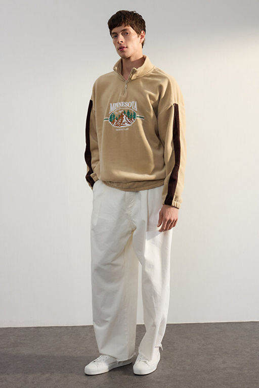 Ta_ Unisex Oversize/Geni_ Kesim Dik Yaka _ehir Nak__ Anti-pilling Polar Sweatshirt TMNAW24SW00034 - Trendyolmilla фото 2
