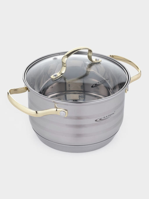 Кастрюля Катунь «ЭЛИС ГОЛД», 2.5 л, 18×11.5 см, стеклянная крышка, нержавеющая сталь, ручки золотистые