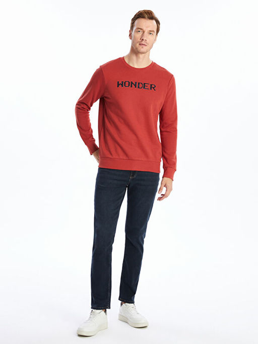 Bisiklet Yaka Bask?l? Erkek Kal?n Sweatshirt