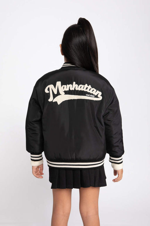 Водоотталкивающее пальто-бомбер с воротником-стойкой и вышивкой для девочек - Defacto фото 9