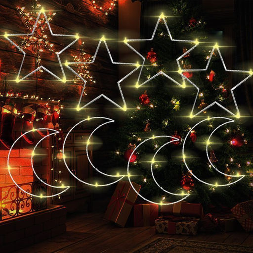 Гирлянда штора Роса -светлячкиЗвезда и луна тепло желтое свечение ,7 режимов свечения ,8 фигур, 3х0.75м , - 1000 деталей фото 2