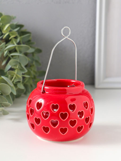 Подсвечник керамика 1 свеча "Фонарик с сердцами" красный 8х8х6,7 см