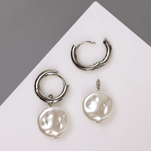 Серьги со съёмным элементом Трансформер жемчужный диск, цвет белый в серебре