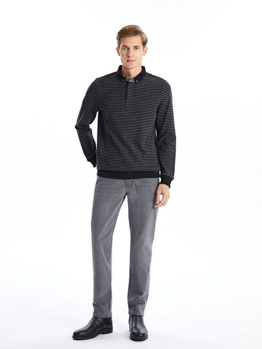 Polo Yaka Uzun Kollu ?izgili Erkek Sweatshirt