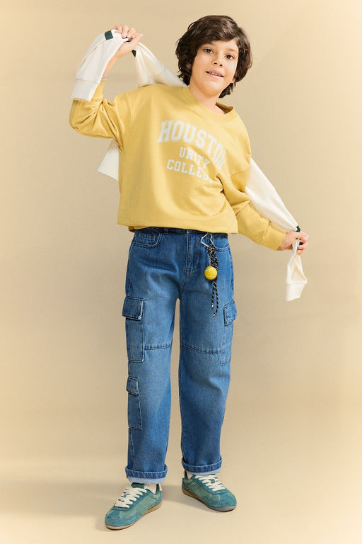 %100 Pamuk Oversize Geni_ Kal_p Bask_l_ Sweatshirt Erkek _ocuk - Defacto фото 2