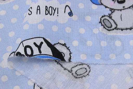 Поплин Мишутки-мальчишки на голубом в белый горох, СОРТ2, ш.1.5м, хлопок-100%, 115гр/м.кв - Купава фото 2