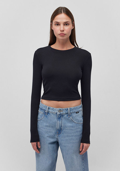 Uzun Kollu Siyah Basic Tisort - Mavi фото 3