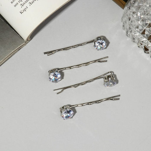 Цена за 2 шт. Невидимки для волос «Кварта», набор 4 шт., круглые стразы, 5.5 см, серебро