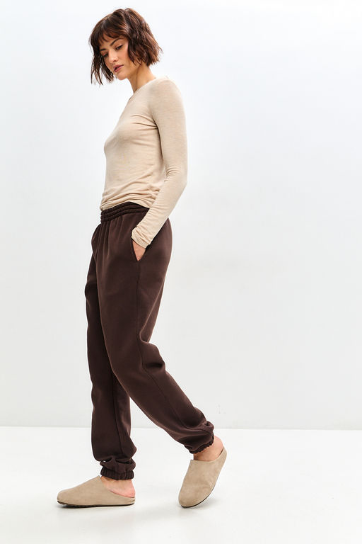 Брюки женские из футера трехнитка с начесом Сова шоколад макси