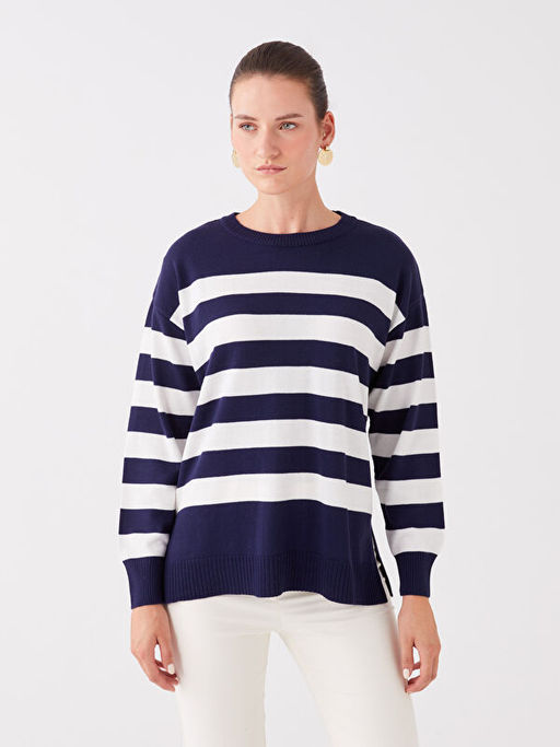 Bisiklet Yaka ?izgili Uzun Kollu Oversize Kad?n Triko Kazak - Waikiki фото 2