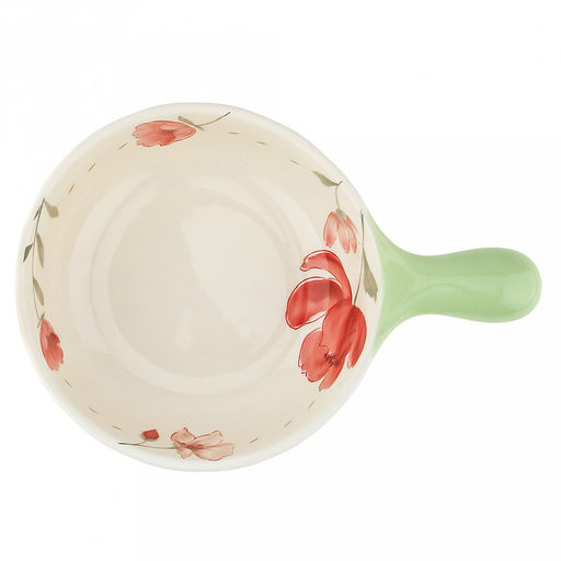 "Бархатный мак" Салатник фарфоровый 650мл, д15,5см, h5,7см, с деколью, с ручкой (22,3см), рельефный борт, кремовый (Китай)