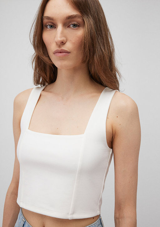 Kare Yaka Beyaz Crop Top - Mavi фото 5