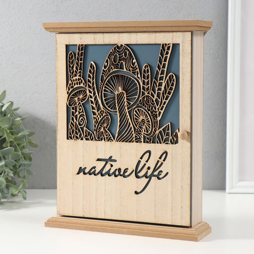 Ключница настенная «Грибы», дерево, 6 крючков, бежево-синяя, 6.2×19.5×25.2 см