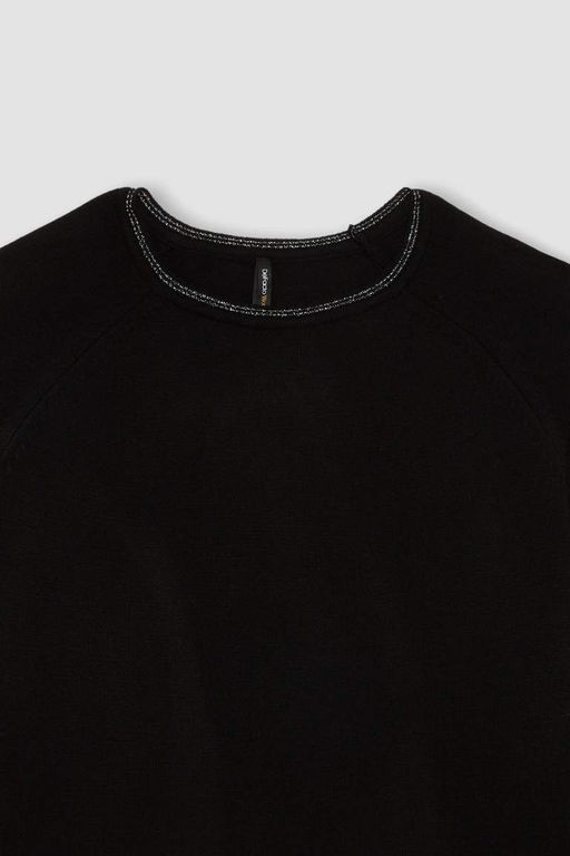 Женский черный свитер-туника стандартного кроя с круглым вырезом и рукавами реглан - Defacto фото 13