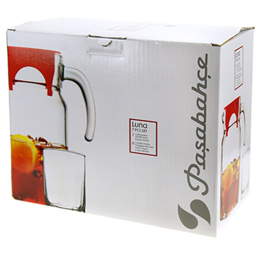 "Луна (Luna)" Набор для воды стеклянный 7 предметов: кувшин 1,7л, стакан 255мл - 6шт, цветная коробка, Pasabahce (Россия)