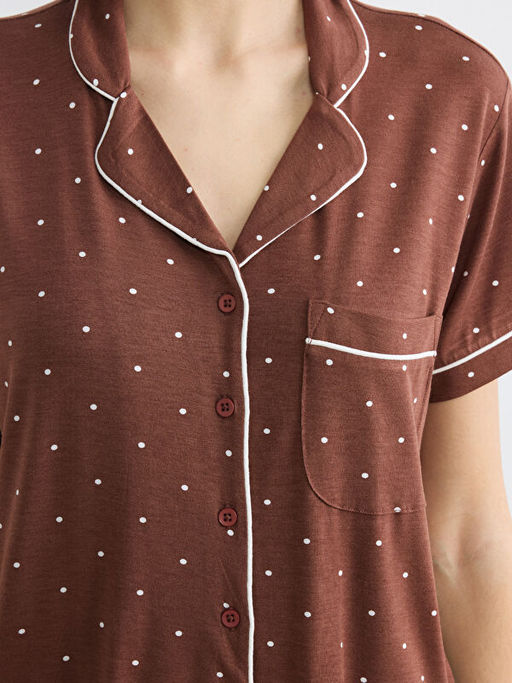 G?mlek Yaka Puantiyeli Kad?n Pijama Tak?m?