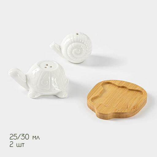 Набор для специй BellaTenero Черепаха и улитка, солонка 25 мл, перечница 30 мл, на бамбуковой подставке, фарфор, белый  фото 3