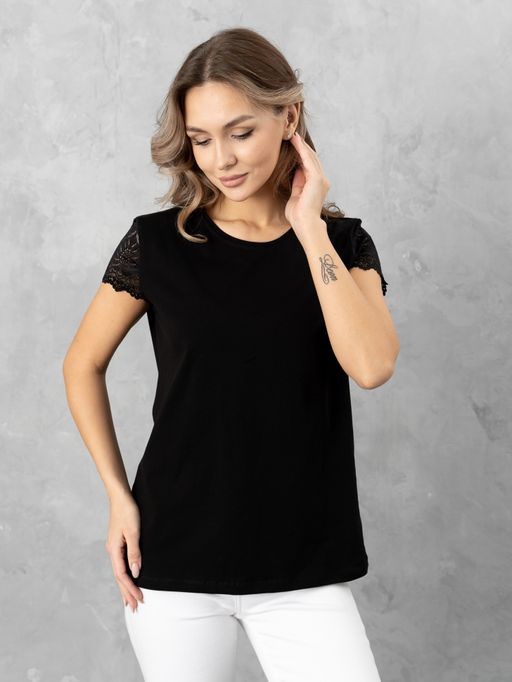 Футболка с КРУЖЕВОМ хлопок 95%, лайкра 5%,черная - Binita фото 3