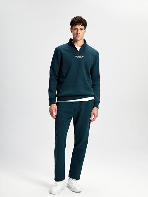 Dik Yaka Uzun Kollu Bask?l? Erkek Kal?n Sweatshirt