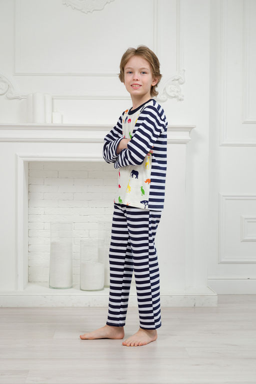 Пижама детская из джемпера и брюк без манжет из интерлока Сафари темно-синий полоса - Амадэль фото 11