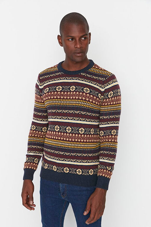 Bordo Slim Fit Y_nl_ Bisiklet Yaka Jakarl_ Kazak TMNAW21KZ0377 - Trendyolmilla фото 2